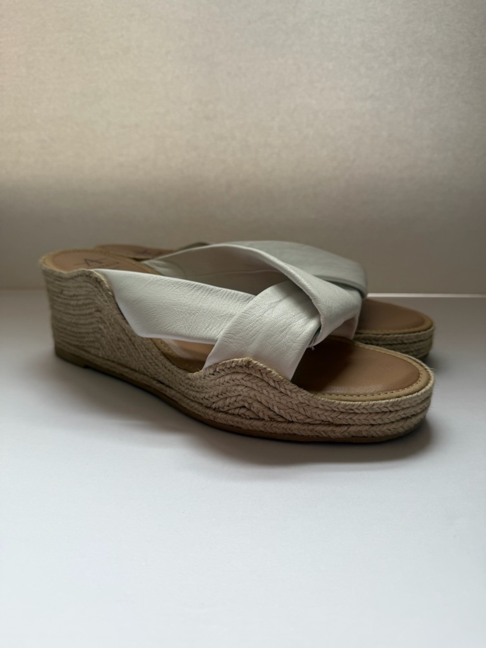 Aquatalia Cream Leather Crisscross Espadrille Wedge Sandals